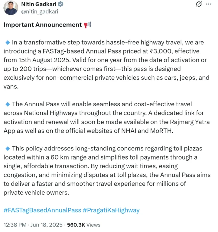 Fastag Yearly Pass Announcement